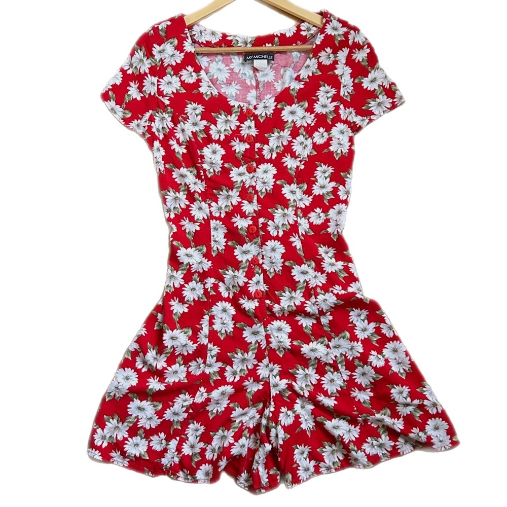 Vintage 90’s My Michelle Red Floral Short Sleeve Button Down Romper Size 11/12